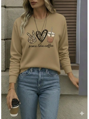 Kadın Uzun Kollu Bisiklet Yaka Kalp Desenli Viskon Iki Iplik Bluz