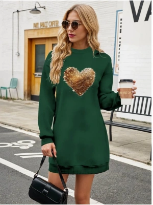 Kadın Uzun Kollu Bisiklet Yaka Kalp Desenli Viskon Iki Iplik Bluz