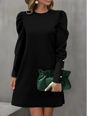 Kadın Uzun Kollu Bisiklet Yaka Karpuz Kol Düğme Detay Ithal Krep Elbise