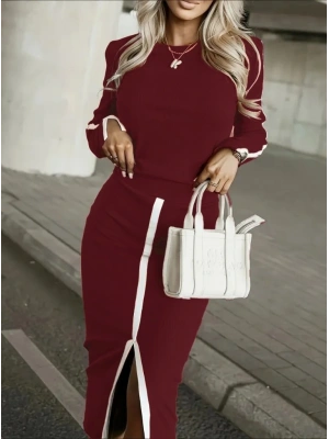 Kadın Uzun Kollu Bisiklet Yaka Kaşkorse Bluz Ve Yırtmaçlı Etek Ikili Takım