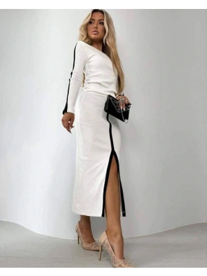 Kadın Uzun Kollu Bisiklet Yaka Kaşkorse Bluz Ve Yırtmaçlı Etek Ikili Takım