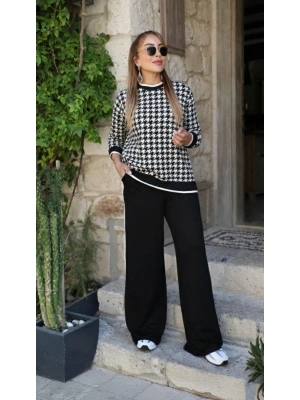 Kadın Uzun Kollu Bisiklet Yaka Kazayağı Desenli Iki Iplik Bluz Ve Viskon Iki Iplik Pantolon Ikili Takım