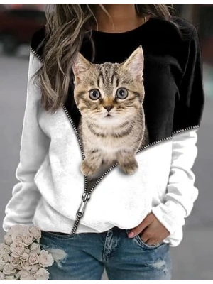 Kadın Uzun Kollu Bisiklet Yaka Kedi Baskılı şardonlu Dalgıç Bluz