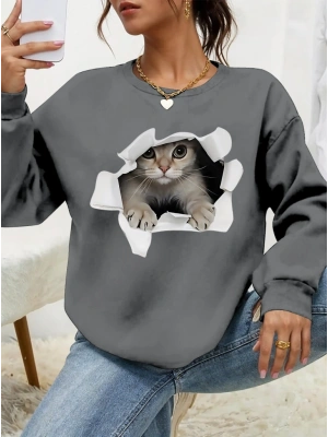 Kadın Uzun Kollu Bisiklet Yaka Kedi Desenli Viskon Iki Iplik Bluz