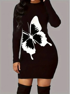 Kadın Uzun Kollu Bisiklet Yaka Kelebek Desenli Kısa Viskon Iki Iplik Elbise