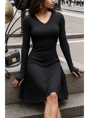 Kadın Uzun Kollu Bisiklet Yaka Kısa Kaşkorse Elbise