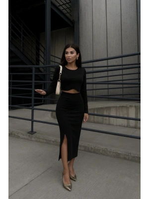 Kadın Uzun Kollu Bisiklet Yaka Kısa Krop Dalgıç Bluz Ile önden Yırtmaçlı Uzun Etek Ikili Takım