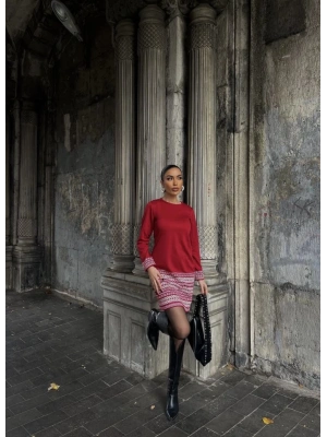 Kadın Uzun Kollu Bisiklet Yaka Kol Ağzı Ve Etek Ucu Baskılı Iki Iplik Elbise