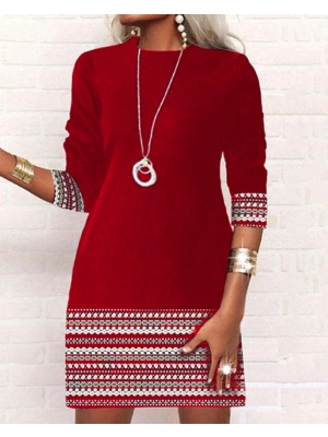 Kadın Uzun Kollu Bisiklet Yaka Kol Ağzı Ve Etek Ucu Baskılı Iki Iplik Elbise