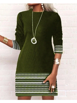 Kadın Uzun Kollu Bisiklet Yaka Kol Ağzı Ve Etek Ucu Baskılı Iki Iplik Elbise