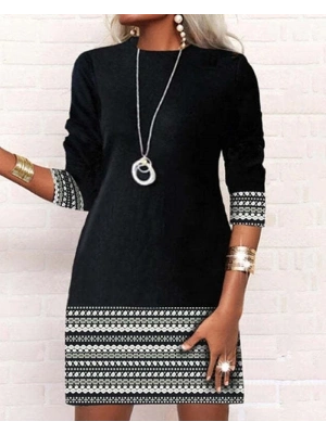 Kadın Uzun Kollu Bisiklet Yaka Kol Ağzı Ve Etek Ucu Baskılı Iki Iplik Elbise