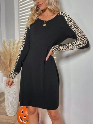 Kadın Uzun Kollu Bisiklet Yaka Kollar Leopar Detay Iki Iplik Mini Boy Elbise