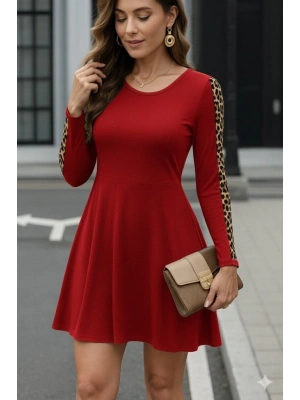 Kadın Uzun Kollu Bisiklet Yaka Kollar Leopar Detay Iki Iplik Mini Boy Elbise