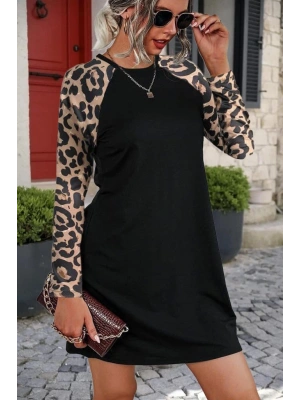 Kadın Uzun Kollu Bisiklet Yaka Kollar Leopar Detay Krep Mini Boy Elbise
