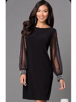 Kadın Uzun Kollu Bisiklet Yaka Kollar Tül Manşet Taş Işlemeli Sandy Elbise