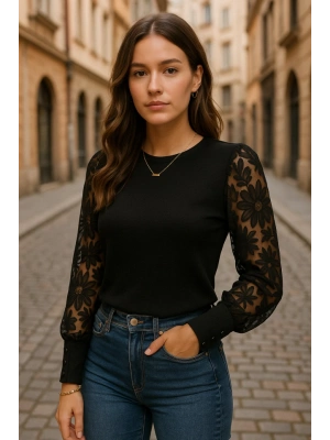 Kadın Uzun Kollu Bisiklet Yaka Kolları çiçekli Waffle Bluz