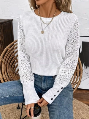 Kadın Uzun Kollu Bisiklet Yaka Kolları Tüllü Waffle Bluz