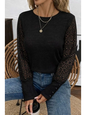 Kadın Uzun Kollu Bisiklet Yaka Kolları Tüllü Waffle Bluz