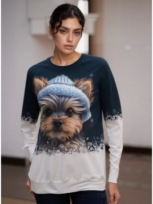 Kadın Uzun Kollu Bisiklet Yaka Köpek Baskılı şardonlu Dalgıç Bluz