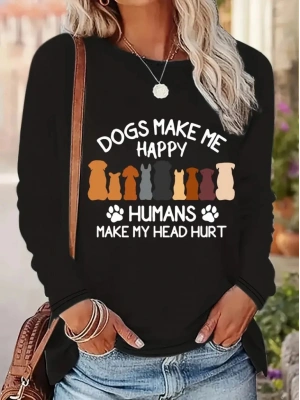 Kadın Uzun Kollu Bisiklet Yaka Köpek Resimli Viskon Bluz