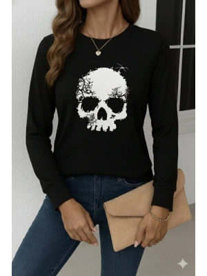 Kadın Uzun Kollu Bisiklet Yaka Kurukafa Desenli Viskon Bluz