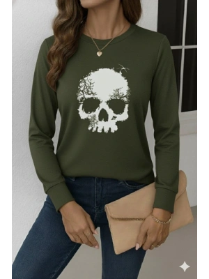 Kadın Uzun Kollu Bisiklet Yaka Kurukafa Desenli Viskon Bluz