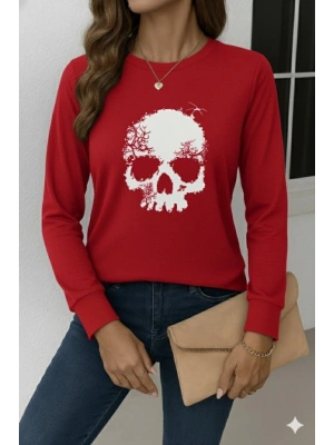 Kadın Uzun Kollu Bisiklet Yaka Kurukafa Desenli Viskon Bluz