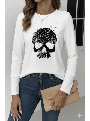 Kadın Uzun Kollu Bisiklet Yaka Kurukafa Desenli Viskon Bluz