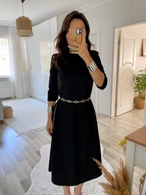 Kadın Uzun Kollu Bisiklet Yaka Midi Ithal Krep Elbise