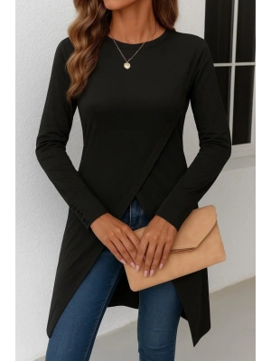 Kadın Uzun Kollu Bisiklet Yaka önden çapraz Kesim Detay Midi Viskon Bluz