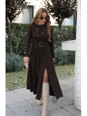 Kadın Uzun Kollu Bisiklet Yaka önden Halka Detaylı Yırtmaçlı Uzun Viskon Iki Iplik Elbise