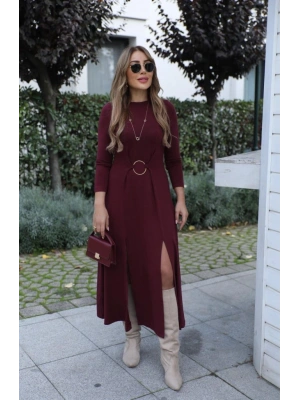 Kadın Uzun Kollu Bisiklet Yaka önden Halka Detaylı Yırtmaçlı Uzun Viskon Iki Iplik Elbise