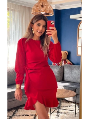 Kadın Uzun Kollu Bisiklet Yaka önden Volanlı Ithal Krep Elbise
