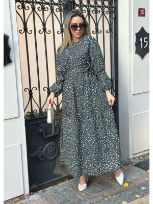 Kadın Uzun Kollu Bisiklet Yaka Papatya Desen Kuşak Dahil Maxi Boy Elbise