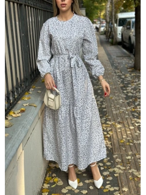 Kadın Uzun Kollu Bisiklet Yaka Papatya Desen Kuşak Dahil Maxi Boy Elbise