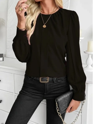 Kadın Uzun Kollu Bisiklet Yaka Pileli Ithal Krep Bluz