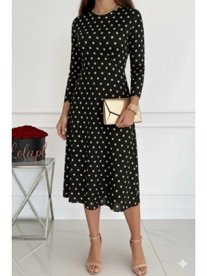 Kadın Uzun Kollu Bisiklet Yaka Puantiyeli örme Krep Midi Elbise