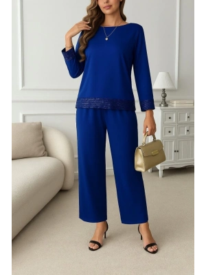 Kadın Uzun Kollu Bisiklet Yaka Pulpayetli Viskon Iki Iplik Bluz Ve Pantolon Ikili Takım