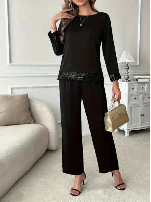 Kadın Uzun Kollu Bisiklet Yaka Pulpayetli Viskon Iki Iplik Bluz Ve Pantolon Ikili Takım