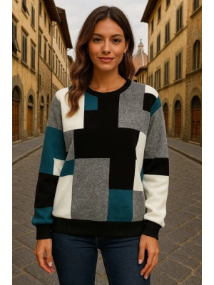 Kadın Uzun Kollu Bisiklet Yaka Renkli Blok Baskı Dalgıç Bluz