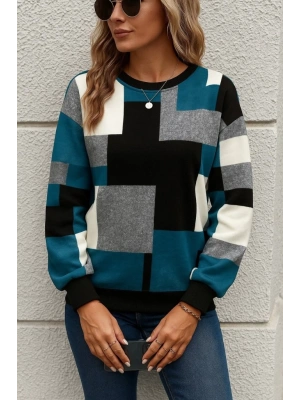 Kadın Uzun Kollu Bisiklet Yaka Renkli Blok Baskı Dalgıç Bluz