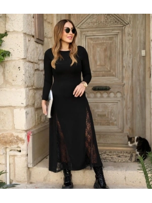 Kadın Uzun Kollu Bisiklet Yaka Sırt Dekolteli Dantel Yırtmaçlı Uzun Krep Elbise