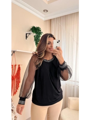 Kadın Uzun Kollu Bisiklet Yaka Taşlı Kol Tül Detaylı Sandy Bluz
