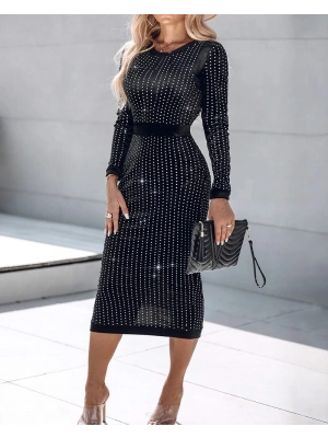 Kadın Uzun Kollu Bisiklet Yaka Taşlı Midi Kadife Elbise