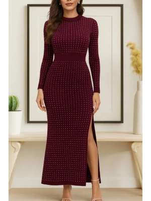 Kadın Uzun Kollu Bisiklet Yaka Taşlı Midi Kadife Elbise