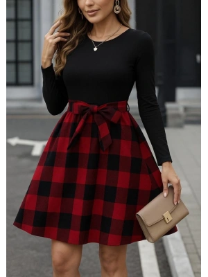 Kadın Uzun Kollu Bisiklet Yaka üst Viskon Alt Ekose Kısa Elbise