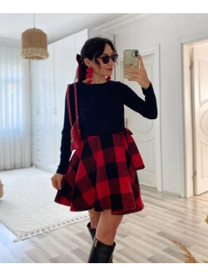 Kadın Uzun Kollu Bisiklet Yaka üst Viskon Alt Ekose Kısa Elbise