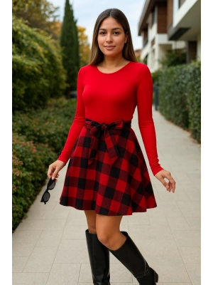 Kadın Uzun Kollu Bisiklet Yaka üst Viskon Alt Ekose Kısa Elbise