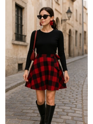 Kadın Uzun Kollu Bisiklet Yaka üst Viskon Alt Ekose Kısa Elbise