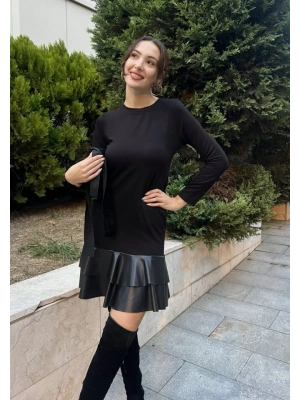 Kadın Uzun Kollu Bisiklet Yaka üst Viskon Etek Ucu Deri Kısa Elbise